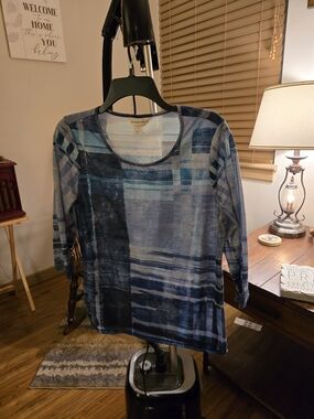 Christopher & Banks Blue Multi-Stripe Long Sleeve Scoop Neck Top
